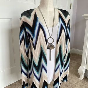 Chico’s abstract sweater cardigan + accessory